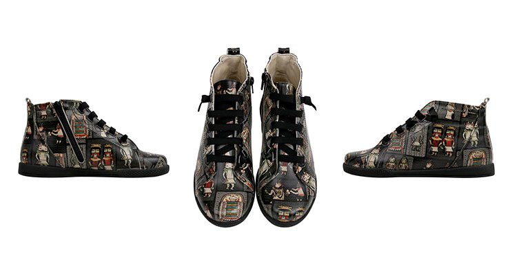 Ein innenliegender Reißverschluss und eine raffinierte Gummischnürung machen auch diesen High-Sneaker zu etwas ganz Besonderem. Produktbilder des DOGO Wonka im Design "Snow Dance"